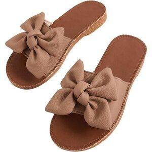 Women's Brown Bow Knot Open Toe Leather Flat Slides Slippers Shoes
